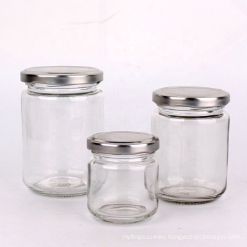 Empty 350ml wide mouth round clear pickle chilli sauce glass food storage jar with metal lid